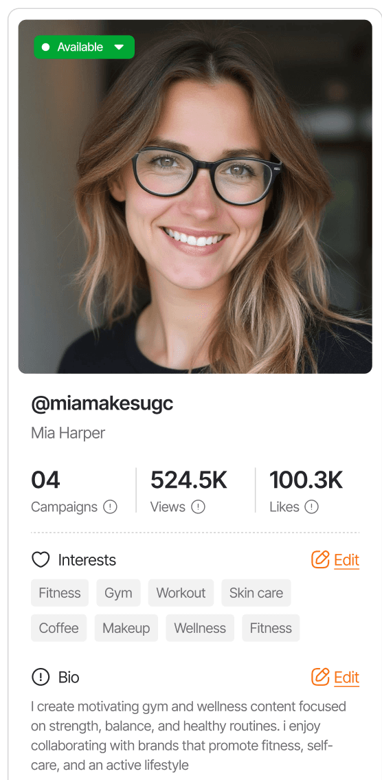A creator's profile in the Fleeko app — photo, stats, interests and bio